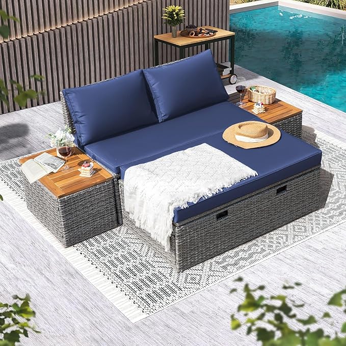 Devoko Patio Day Bed Outdoor Daybed Set Multifunctional Rattan Lounge Bed with 2 Side Tables for Backyard Porch - Photo 2