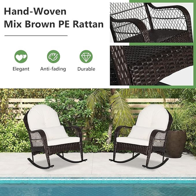 ORALNER Patio Wicker Rocking Chair, Outdoor PE Rattan Rocker with Seat and Back Cushion, Waist Pillow, Armrests, Garden Chair for Porch, Backyard, Poolside, Deck (2, Off White)