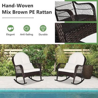 ORALNER Patio Wicker Rocking Chair, Outdoor PE Rattan Rocker with Seat and Back Cushion, Waist Pillow, Armrests, Garden Chair for Porch, Backyard, Poolside, Deck (2, Off White)