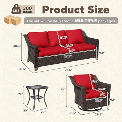 4 Pieces Patio Conversation Furniture Set - 1 Sofa, 2 Swivel Chairs, 1 Side Table, Outdoor Wicker Furniture with Removable Cushions for Porch, Balcony, Sunroom (Red)