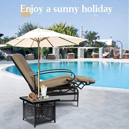 SUNCROWN Outdoor Recliner Chair Patio Adjustable Recliner Chair and Side Bistro Table with Umbrella Hole, Brown
