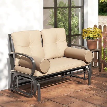 Outsunny Swing Glider Rocking Chair, Double Patio Bench, 2 Person Loveseat with Steel Frame, Cushions, Pillow Armrests, Khaki