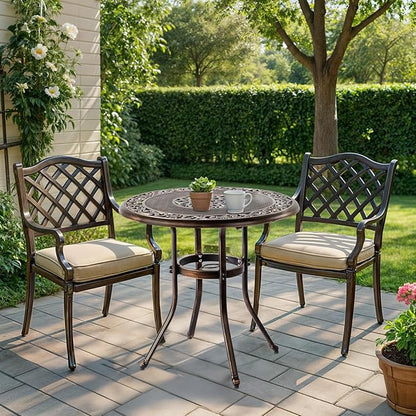 Outvita Outdoor Dining Table, Cast Aluminum Round Patio Bistro Table with Umbrella Hole Weather Resistant Aluminum for Balcony Poolside Garden Lawn