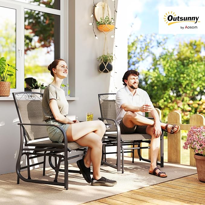 Outsunny Outdoor Glider Chairs with Coffee Table, Patio 2-Seat Rocking Chair Swing with Breathable Sling for Backyard, Garden and Porch, Brown