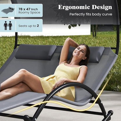 Tangkula 2 Person Lounge Chair with Canopy, Outdoor Chaise Lounge with 2 Detachable Pillows, Sturdy Metal Frame, Extra Large Double Patio Hammock Sunbed Swing for Backyard, Poolside (Gray)