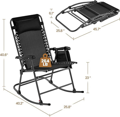 Yaheetech 26in Rocking Chair Outdoor Zero Gravity Folding Chairs Rocking Chairs Foldable Outdoor Lounge Chair for Outside Lawn with Phone Holder/Pillow Ergonomic Design for Rest, Black, Set of 2