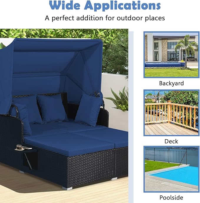 LDAILY Moccha Outdoor Daybed with Retractable Canopy, Wicker Cabana with 2 Side Tables & Soft Cushions,Hand-Woven PE Rattan Bed Lounger, Patio Sectional Furniture Set for Garden Backyard Porch (Navy)