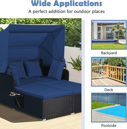 LDAILY Moccha Outdoor Daybed with Retractable Canopy, Wicker Cabana with 2 Side Tables & Soft Cushions,Hand-Woven PE Rattan Bed Lounger, Patio Sectional Furniture Set for Garden Backyard Porch (Navy)
