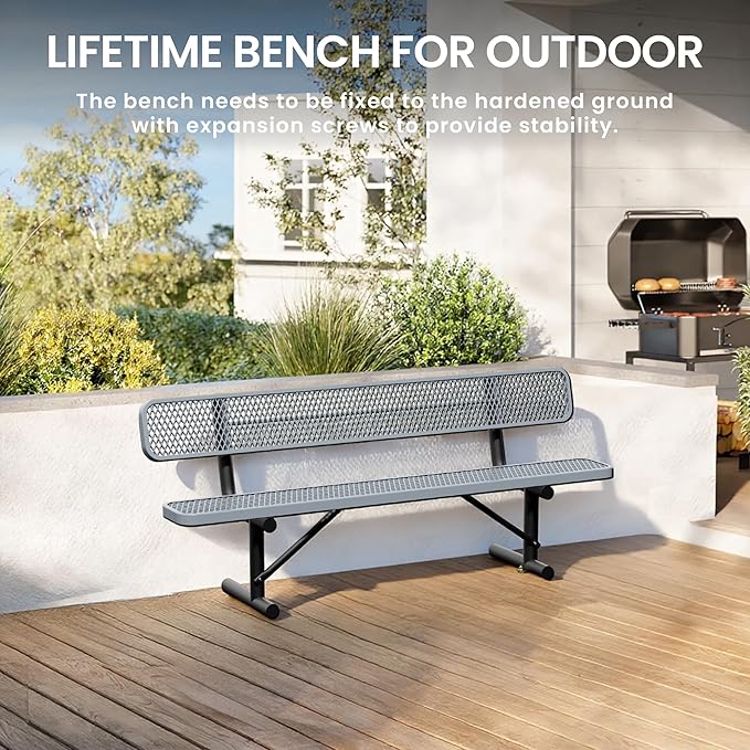 8 Feet Steel Park Bench for Outside, Outdoor Bench with Backrest & Portable Frame, Commercial Benches for Shopping Malls, Stores, Parks, Patios, Decks, Grey