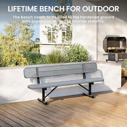 8 Feet Steel Park Bench for Outside, Outdoor Bench with Backrest & Portable Frame, Commercial Benches for Shopping Malls, Stores, Parks, Patios, Decks, Grey