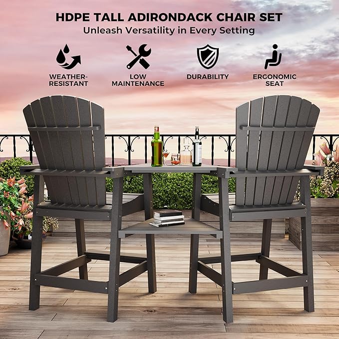 Outdoor Recycled Poly Adirondack Barstools with Connecting Tray, Tall Adirondack Chairs Bar Chairs for Deck, Balcony, Backyard, Patio Bar Stool Chair with High Back Weather Resistant Set of 2