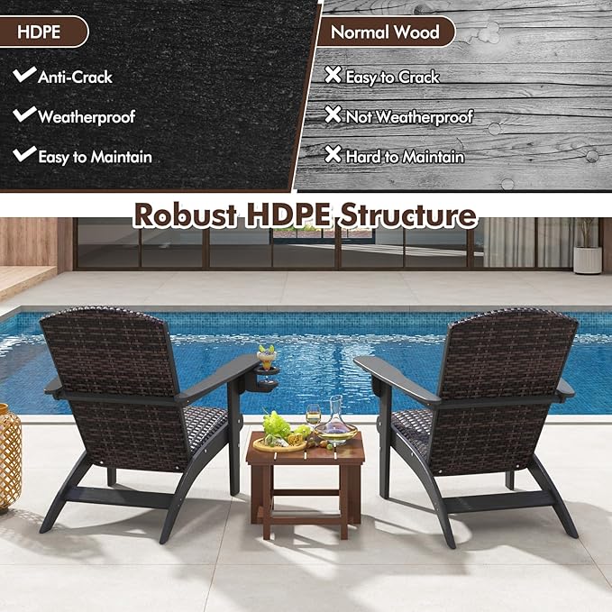 Tangkula Patio Wicker Adirondack Chair, HDPE Lounge Chair w/Rattan Padded Seat & Back, Wide Armrests & Hidden Cupholder, Outdoor All-Weather Adirondack Fire Pit Chair for Backyard, Lawn (1, Black)