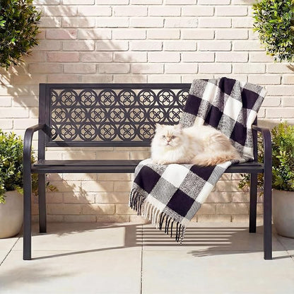 44" Outdoor Garden Bench, Iron Metal Frame Patio Bench with Backrest Armrests, Weatherproof Anti-Rust Outdoor Bench for Front Porch, Park, Yard, Patio (411-Black)