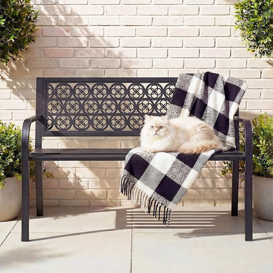 44" Outdoor Garden Bench, Iron Metal Frame Patio Bench with Backrest Armrests, Weatherproof Anti-Rust Outdoor Bench for Front Porch, Park, Yard, Patio (411-Black)