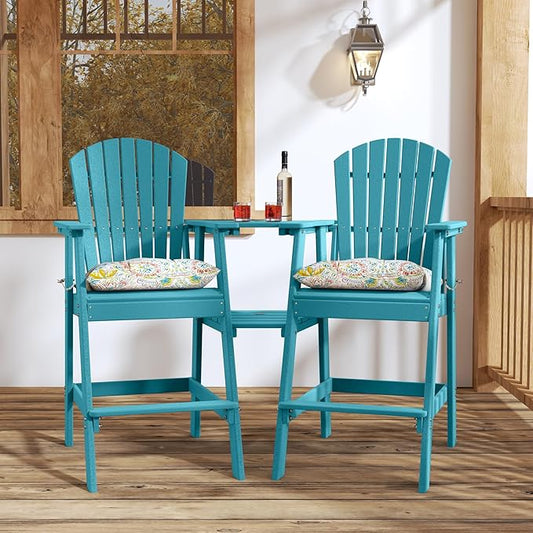 Sundale Outdoor Tall Adirondack Chairs Set of 2 with Table, Patio HDPE Bar Set, 3 PCS Counter Height Dining Bistro Set, Pub Table with Stools, 2 Umbrella Hole Caps, Teal