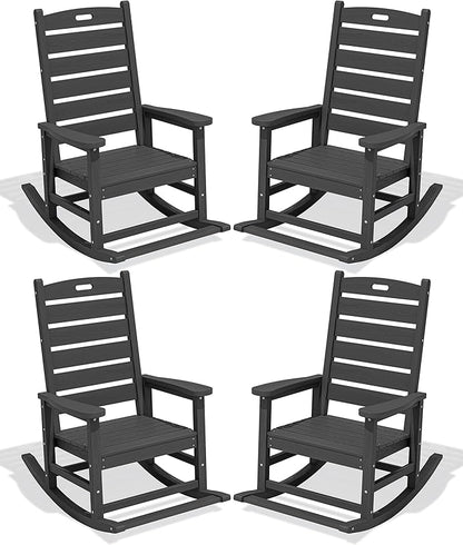 SERWALL Outdoor Rocking Chair Set of 4, Oversized HDPE Patio Rocking Chair with Footrest for Adults, All Weather Porch Rocker for Deck Patio Balcony, Gray