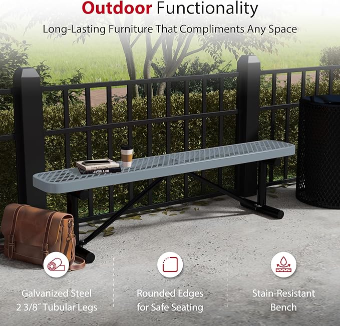 Leisure Craft Metal Outdoor Bench - 6 Foot Heavy Duty Backless Bench Seating for Garden, Porch, Picnic, Park, Expanded Metal, Thermoplastic Coating, Commercial Grade Furniture Made in USA - Gray