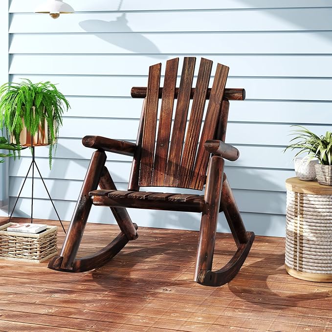 Giantex 2 Pcs Outdoor Wooden Rocking Chair, Adirondack Porch Rocker with High Back and Wide Seat, Rustic Log Patio Chair for Front Porch Backyard Garden Balcony Deck, Brown (27”x36”x 38”)