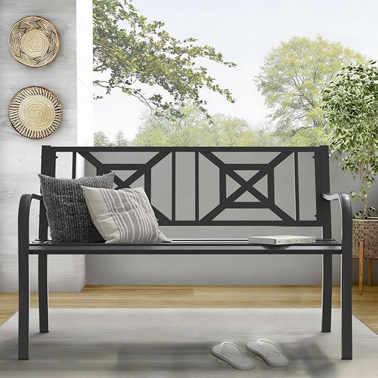 On Shine Patio Garden Bench,Outdoor Park Bench with Powder Coated Steel Frame, Elegant Loveseat with Square Pattern Backrest & Ergonomic Armrest for Outdoor Garden, Backyard, Lawn, Porch