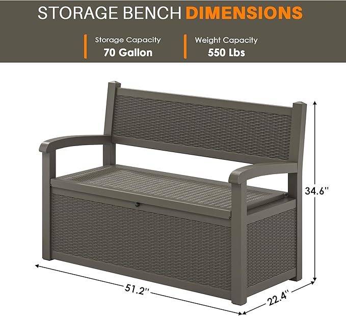 LHBcraft 70 Gallon Deck Bench with Storage, Outdoor Storage Box Bench Waterproof&Lockable - Photo 3