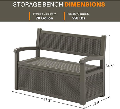 LHBcraft 70 Gallon Deck Bench with Storage,Outdoor Storage Box Bench Waterproof&Lockable, Resin Patio Furniture with Armrest for Patio, Porch, Garden,Grey