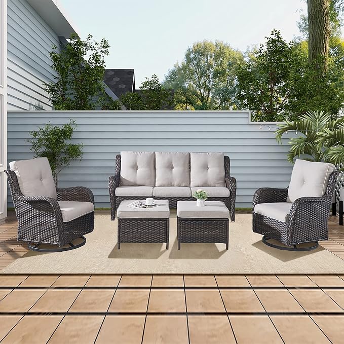 Rilyson Wicker Patio Furniture Set - 5 Piece Rattan Outdoor Sectional Conversation Sets with 2 Rocking Swivel Chairs - Photo 7