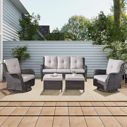 Rilyson Wicker Patio Furniture Set - 5 Piece Rattan Outdoor Sectional Conversation Sets with 2 Rocking Swivel Chairs,2 Ottomans and 1 Sofa for Porch Deck Garden(Brown/Beige)