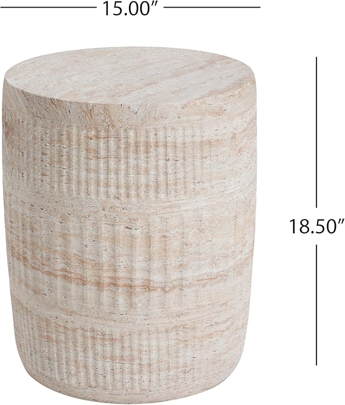 Christopher Knight Home Jaym 18.50" H Indoor Outdoor Accent Side Table, Patio Decorative End Table, Cylinder Lightweight Concrete Garden Stool for Patio Balcony & Garden Decor, Travertine