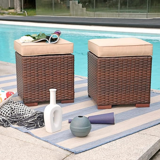 Patiorama 2 Pieces Assembled Outdoor Patio Ottoman, Indoor Outdoor All-Weather Dark Brown Wicker Rattan Outdoor Footstool Footrest Seat with Beige Cushions, No Assembly Required
