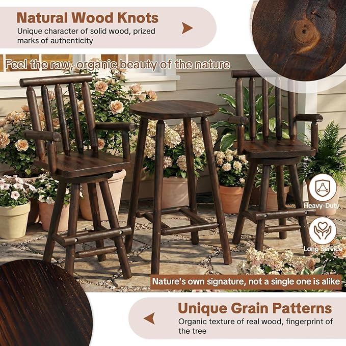 HOMEDIARY 3 Piece Outdoor Swivel Adirondack Bar Set, 41.9" Patio Log Bar Height Table & 2 Bar Stools with High Back - Photo 6