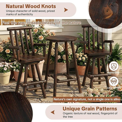 HOMEDIARY Outdoor Solid Wood Swivel Bar Stool, Oversized Patio Log Bar Height Chair with High Back, Heavy Duty 29.8" Tall Adirondack Chair with Armrest & Footrest, 500 LBS Capacity, Carbonized