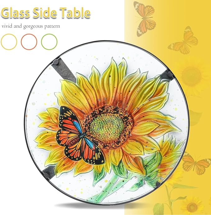 VCUTEKA Patio Side Table Outdoor Accent Table Bistro Coffee Table Plant End Table Small Porch Table Indoor Round Glass Balcony Plant Table Stands Sunflower 14''