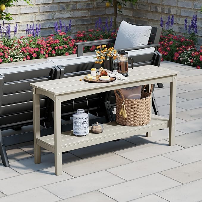 WestinTrends Malibu 55" Outdoor Patio HDPE Adirondack 2-Tier Shelf Console Table, Sand