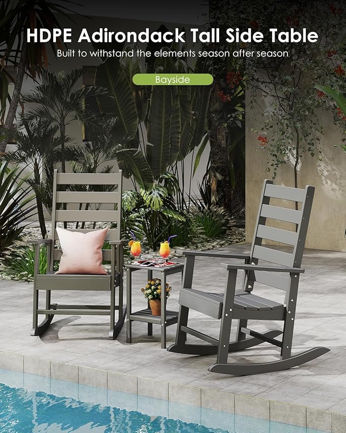 GREENVINES Tall-Outdoor-Side-Table Set of 2 | 23.5" | HDPE Plastic | Patio Adirondack End Tables | All Weather | 2-Tier | Grey | for Porch Garden Indoor & Rocking Chairs