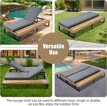 Merax Outdoor Chaise Lounge Chair Sofa, Couch with 5-Position Adjustable Backrest, Reclining with Cushion, Patio Lounger with Wood Side Table, Gray