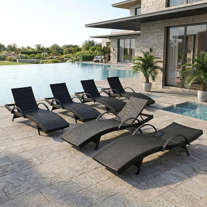 80.3" Chaise Lounge Outdoor Set of 6, Wicker Pool Lounge Chairs Outdoor with Pull-Out Side Table, Adjustable Reclining Patio Chairs, Tanning Chair, Sillas de Patio for Backyard/Balcony/Deck (Black)