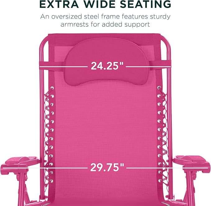 Best Choice Products Oversized Zero Gravity Chair, Folding Outdoor Patio Lounge Recliner w/Cup Holder Accessory Tray, Pillow - Ultimate Pink
