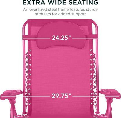 Best Choice Products Oversized Zero Gravity Chair, Folding Outdoor Patio Lounge Recliner w/Cup Holder Accessory Tray, Pillow - Ultimate Pink