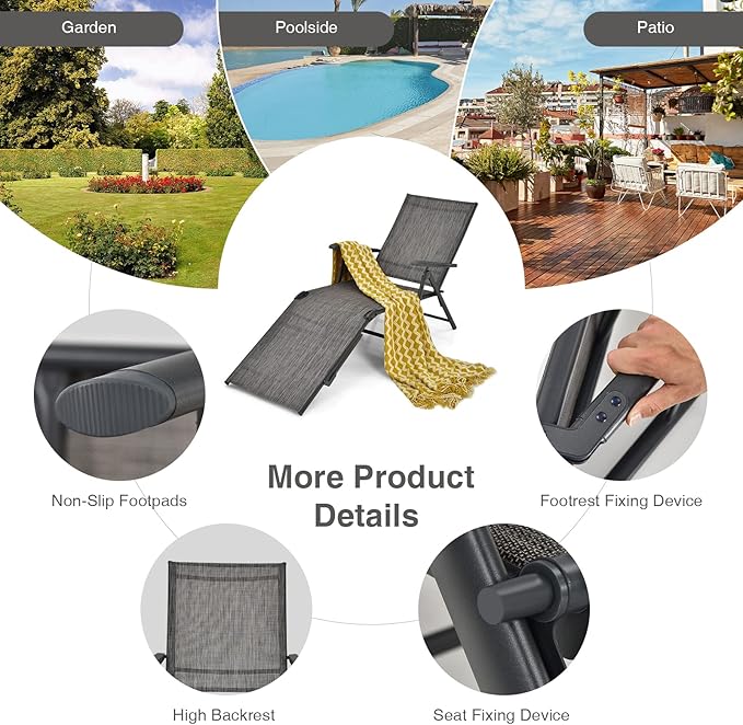 Giantex Patio Lounge Chair Foldable Chaise Lounger, Outdoor Sunbathing Chair W/ 5-Position Backrest, 2-Position Footrest, Steel Frame, Portable Recliner for Yard, Lawn Tanning Pool Chairs (1, Grey)
