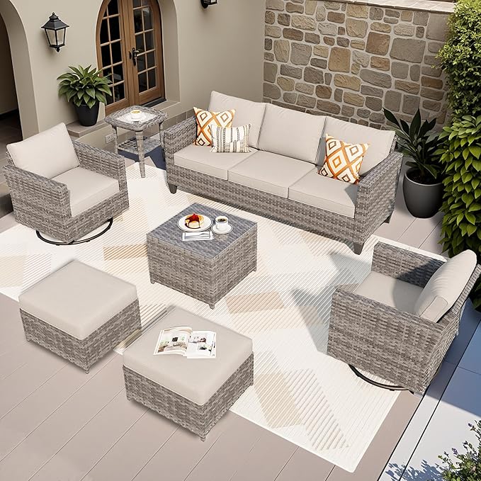 ovios Patio Furniture Set, 7 Pieces Outdoor Wicker Sofa Couch with Swivel Rocking Chairs Glass Table Comfy Cushions - Photo 1