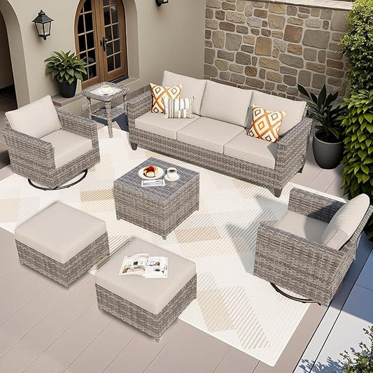 ovios Patio Furniture Set, 7 Pieces Outdoor Wicker Sofa Couch with Swivel Rocking Chairs Glass Table Comfy Cushions Rattan Conversation Set for Backyard Deck, Beige