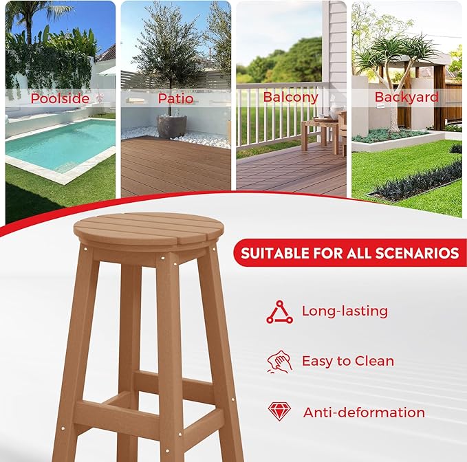 Costaelm 29" Height Outdoor Bar Stools, All-Weather Bar Stools, Adirondack Poly Patio Round Bar Stool for Patio, Deck, Kitchen Counter and Garden, Teak