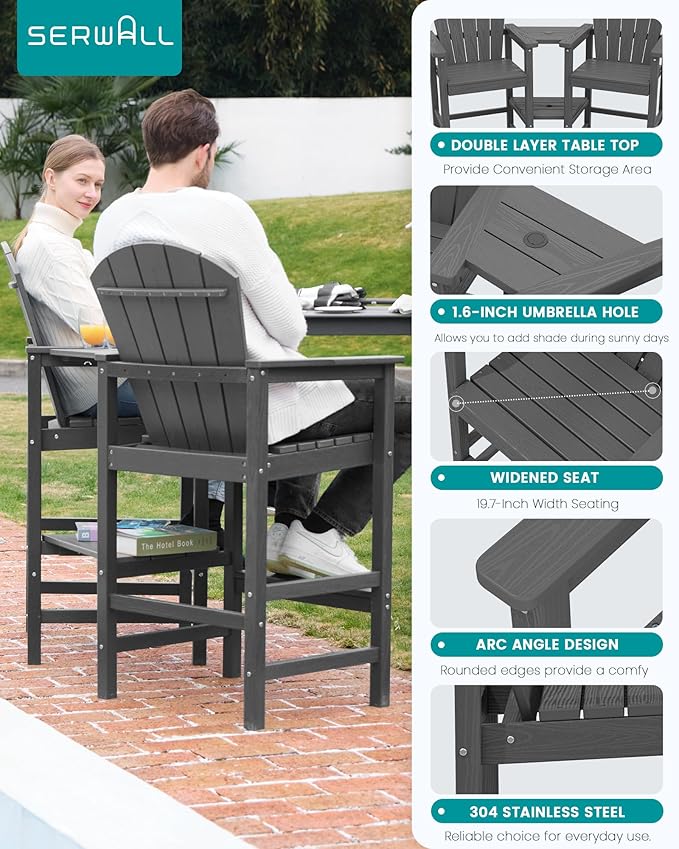 SERWALL Tall Adirondack Chairs Set of 4 with Double Layer Connecting Tray, HDPE Bar Height Outdoor Chairs - Photo 4