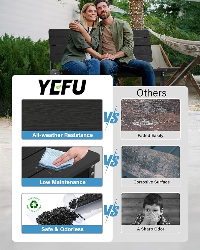 YEFU Convertible Bench Picnic Table: HIPS Convert a Bench with Umbrella Hole - Foldable Space-Saving Picnic Outdoor Benches for Outside Patio Porch Backyard Park Garden Black