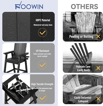 FOOWIN Tall Adirondack Chairs Set of 8,HDPE Adirondack Bar Stools with Connecting Tray & Cup Holders,Weather Resistant Balcony Chair for Outdoor Deck Lawn Pool Backyard Black