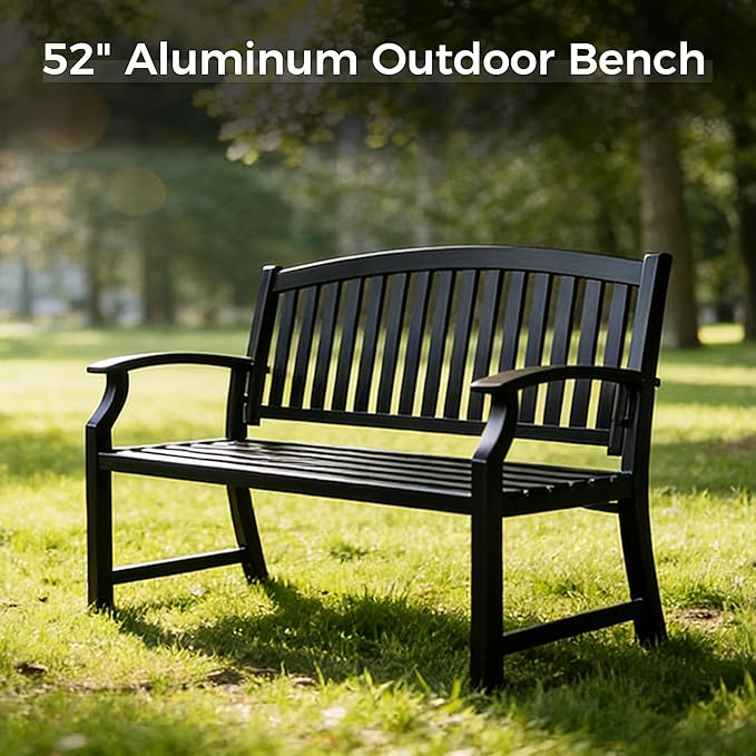 Grand patio 52" Farmhouse Outdoor Bench, Garden Benches with Anti-Rust Aluminum Powder Coated Frame, Faux Wood Grain Finish Frame Patio Bench for Front Porch, Black
