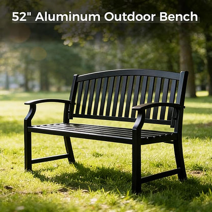 Grand patio 52" Farmhouse Outdoor Bench, Garden Benches with Anti-Rust Aluminum Powder Coated Frame, Faux Wood Grain Finish Frame Patio Bench for Front Porch, Black