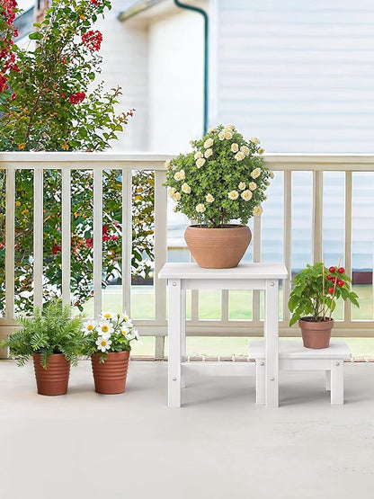 LUE BONA Outdoor Side Table, 2-Tier HDPS Outdoor Nesting End Table with Removable Small Foot Stool for Patio, Deck, Poolside, Low Maintenance & Weather Resistant, White