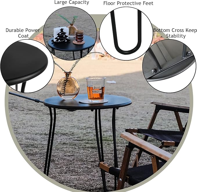 Small Patio Side Table, Weather Resistant Anti-Rust Outdoor Metal Patio Round End Table, Outdoor End Table for Garden, Porch, Balcony, Yard, (Black)