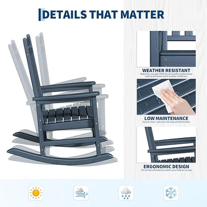 GarveeLife Poly Lumber Rocking Chair Outdoor Set of 2 - HDPE High Back Porch Rocker Chairs for Adults - All Weather Resistant Furniture for Patio - Navy Blue